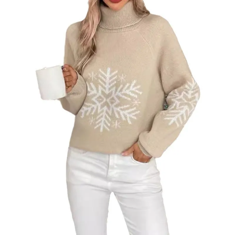 Women's high collar Christmas sweater jacquard knit floral pattern medium length 65cm red black khaki dark green