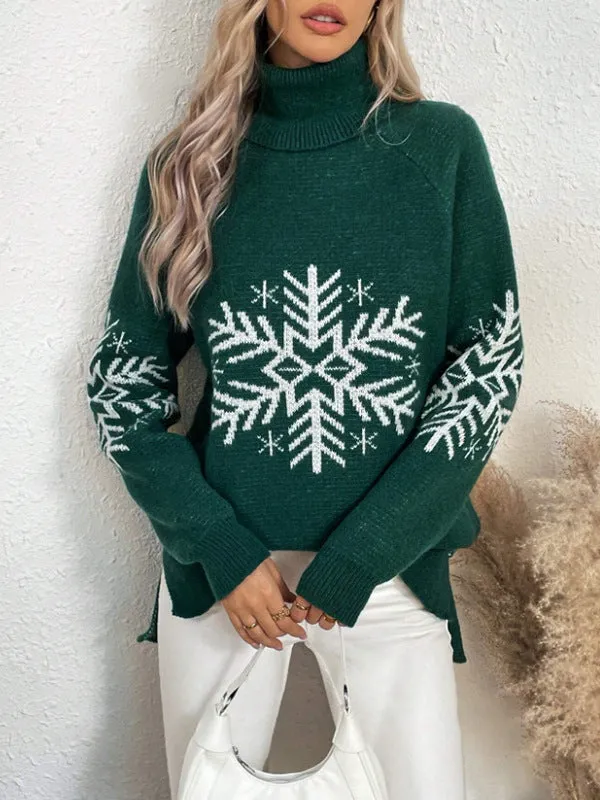 Women's high collar Christmas sweater jacquard knit floral pattern medium length 65cm red black khaki dark green