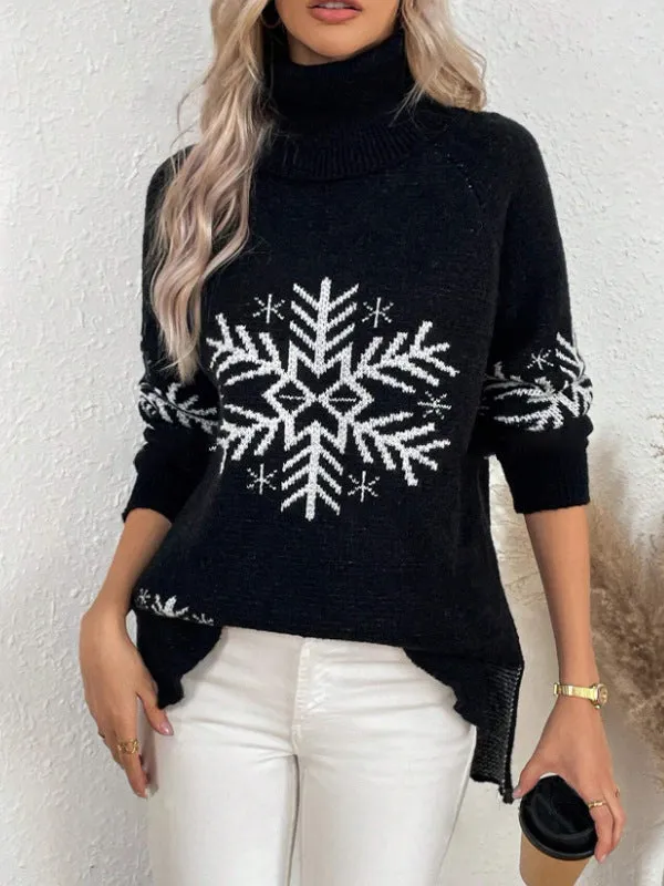 Women's high collar Christmas sweater jacquard knit floral pattern medium length 65cm red black khaki dark green