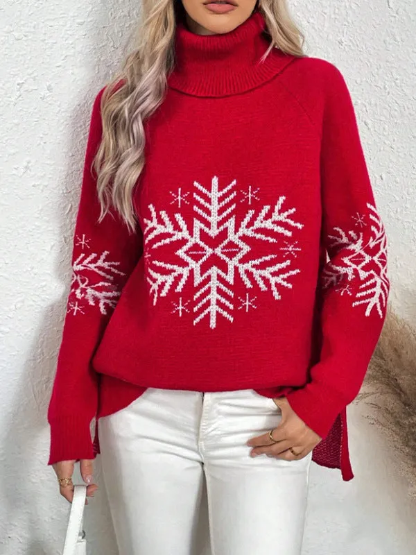 Women's high collar Christmas sweater jacquard knit floral pattern medium length 65cm red black khaki dark green