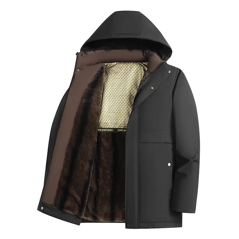 Men's fleece-lined thickened hooded winter coat in solid colour, side seam pockets, cardigan style