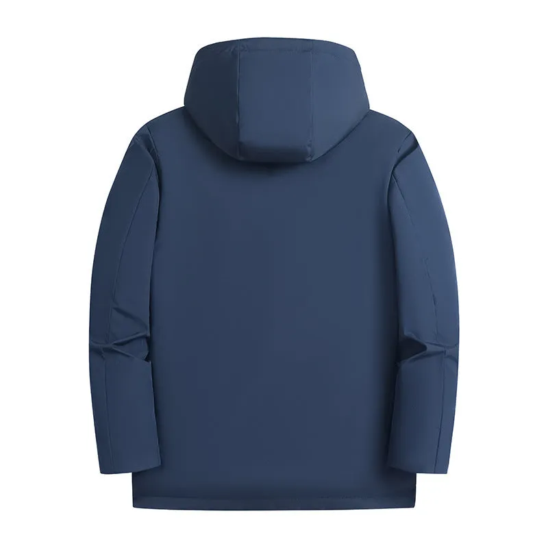 Men's fleece-lined thickened hooded winter coat in solid colour, side seam pockets, cardigan style