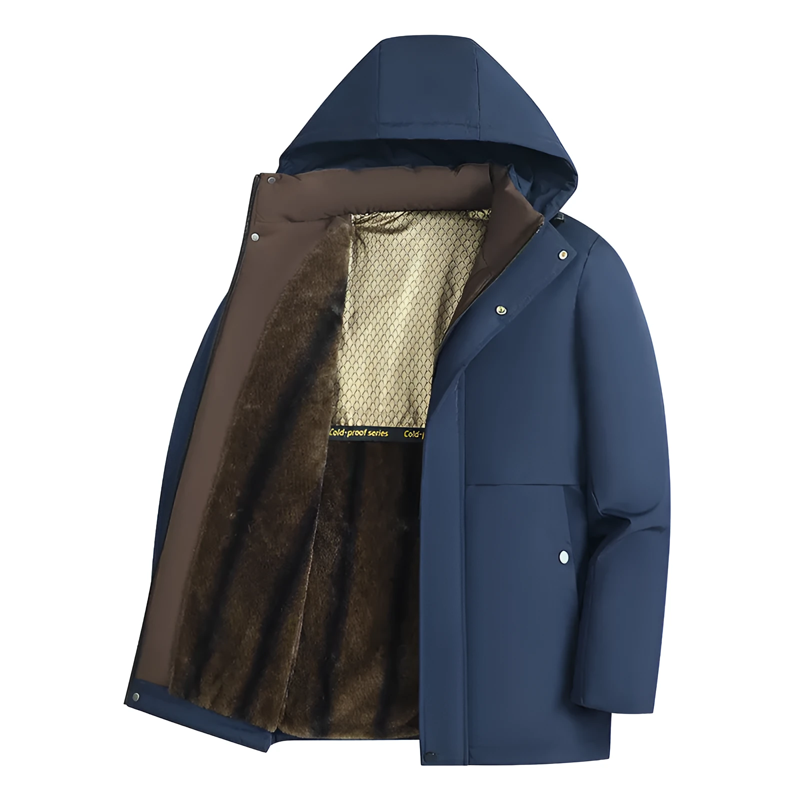 Men's fleece-lined thickened hooded winter coat in solid colour, side seam pockets, cardigan style