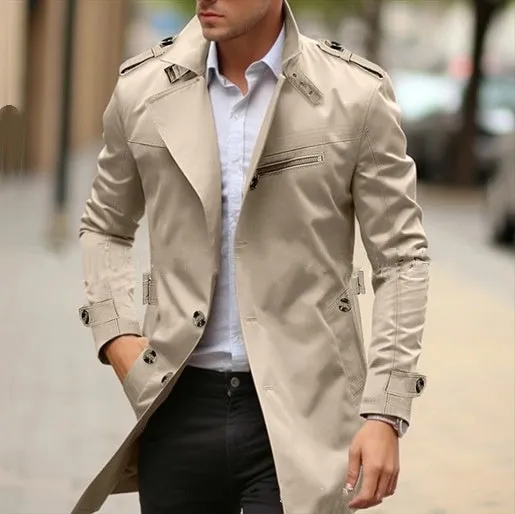 Men's plus size mid-length lapel jacket in army green with side seam pockets