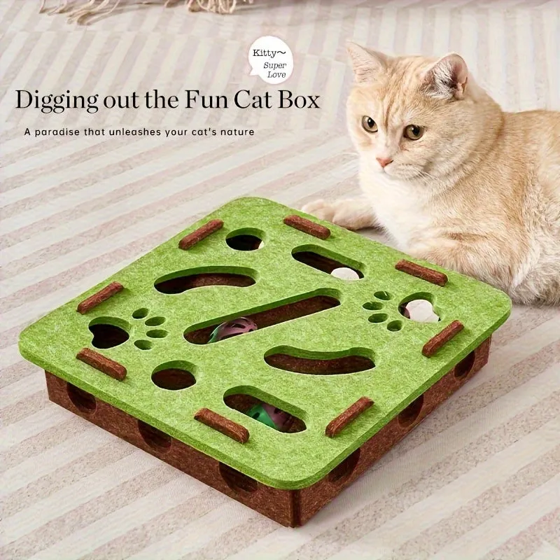 Interactive cat puzzle toy with felt maze tunnel and bell ball on a carpet
