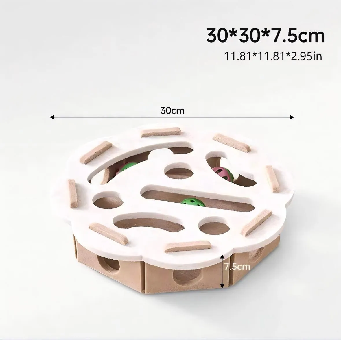 Interactive cat puzzle toy with felt maze tunnel and bell ball on a carpet