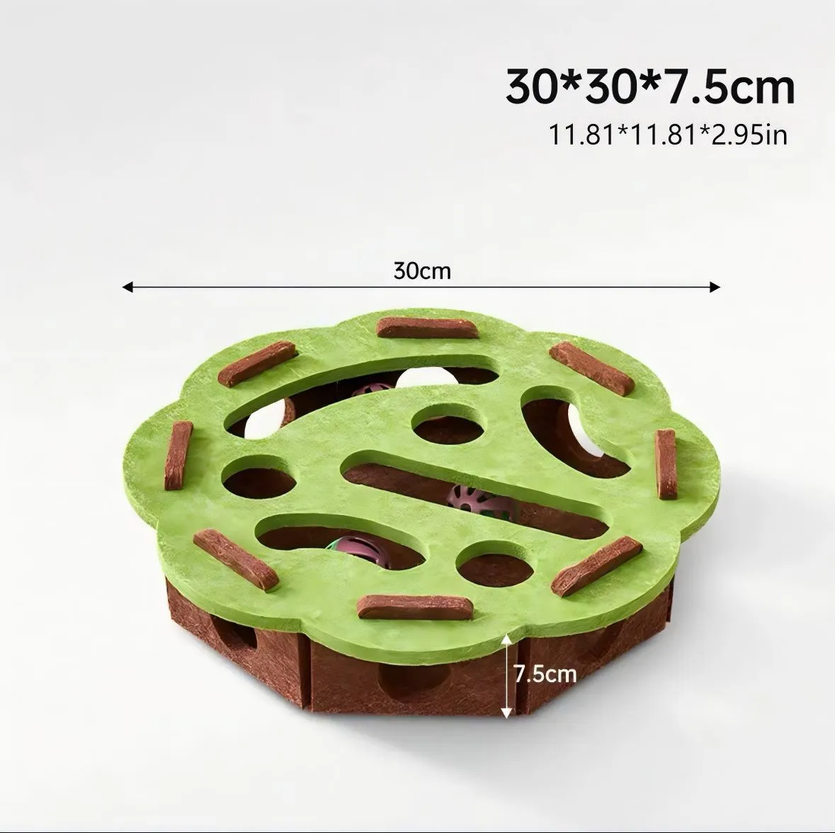 Interactive cat puzzle toy with felt maze tunnel and bell ball on a carpet