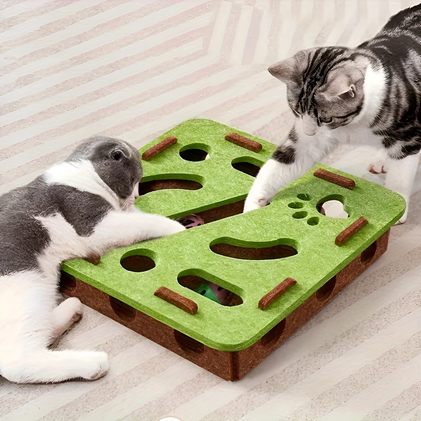 Interactive cat puzzle toy with felt maze tunnel and bell ball on a carpet