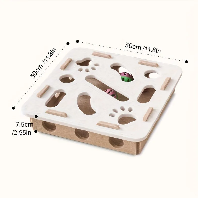 Interactive cat puzzle toy with felt maze tunnel and bell ball on a carpet