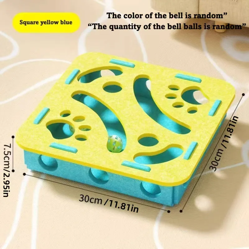 Interactive cat puzzle toy with felt maze tunnel and bell ball on a carpet