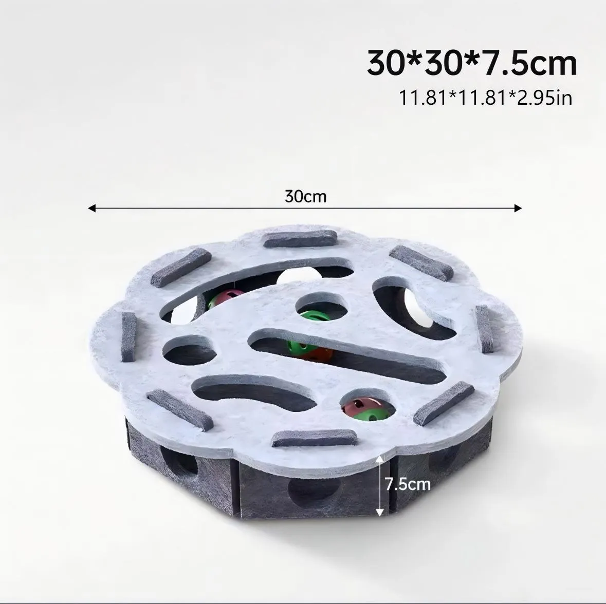 Interactive cat puzzle toy with felt maze tunnel and bell ball on a carpet