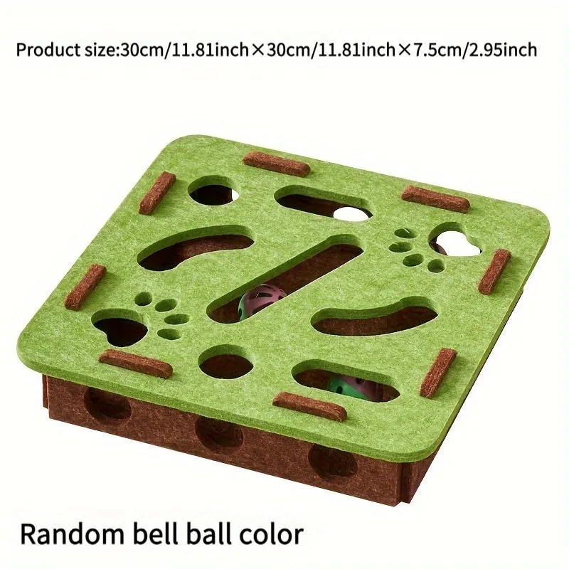 Interactive cat puzzle toy with felt maze tunnel and bell ball on a carpet