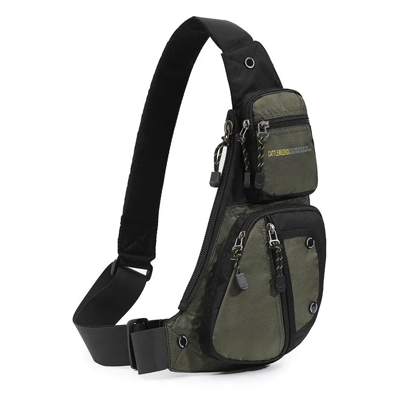 Men's nylon outdoor multi-functional shoulder messenger bag in black with extended storage