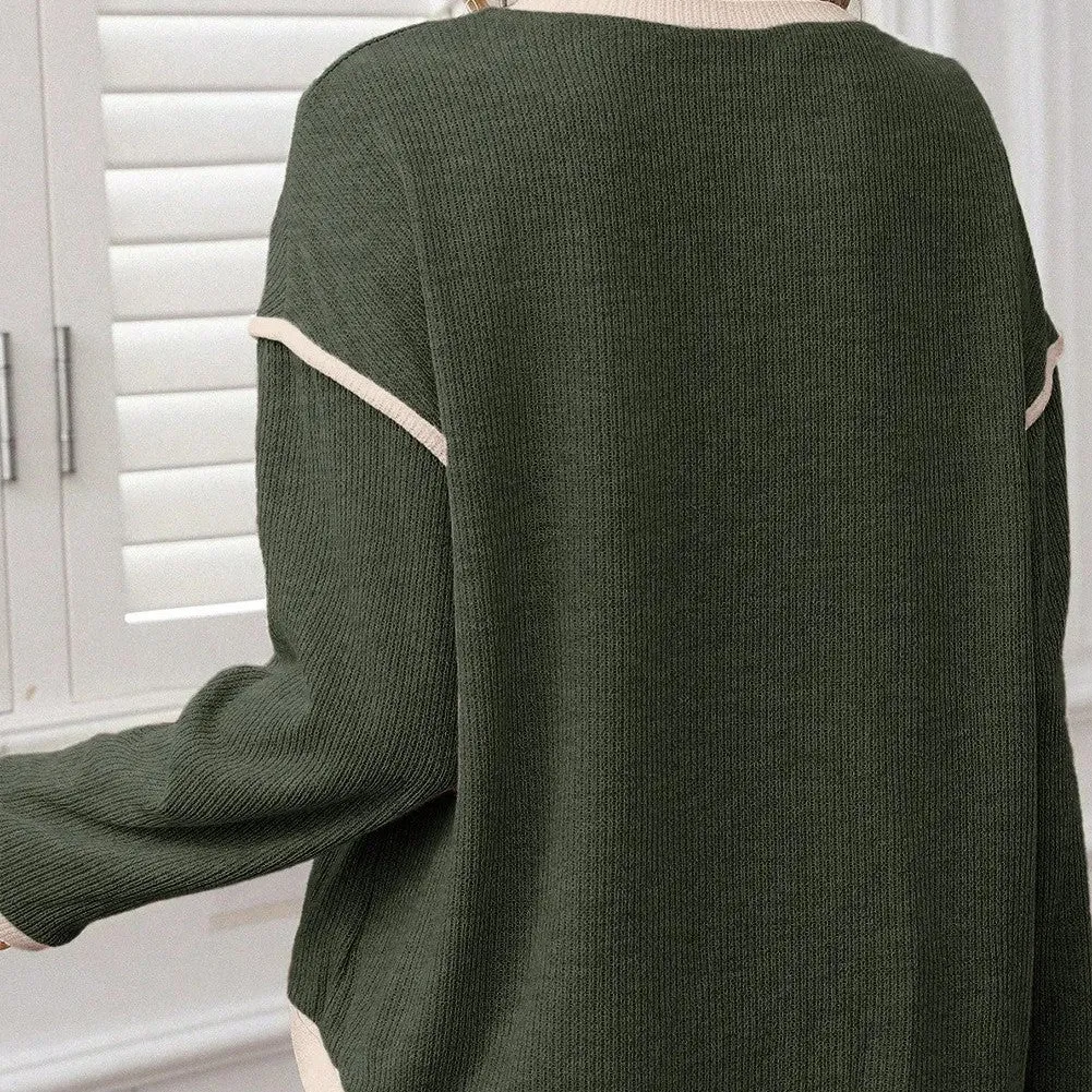 Knit drop shoulder loose top with contrast trim in Four Leaf Clover colour