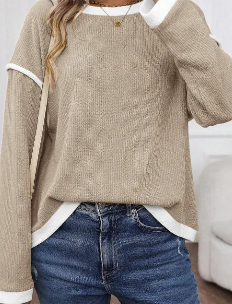 Knit drop shoulder loose top with contrast trim in Four Leaf Clover colour