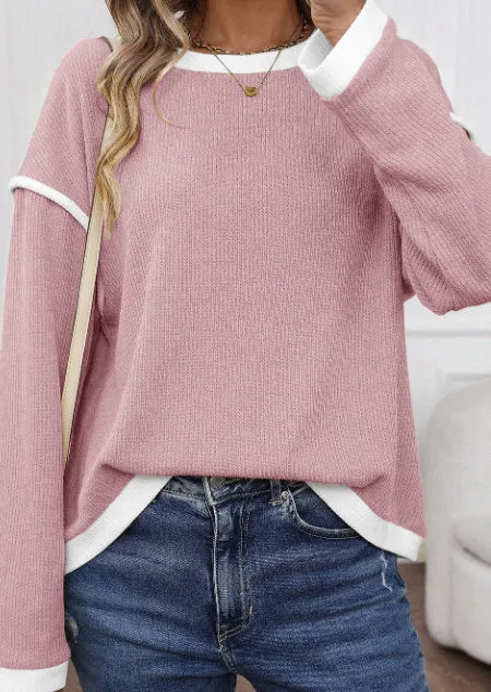 Knit drop shoulder loose top with contrast trim in Four Leaf Clover colour