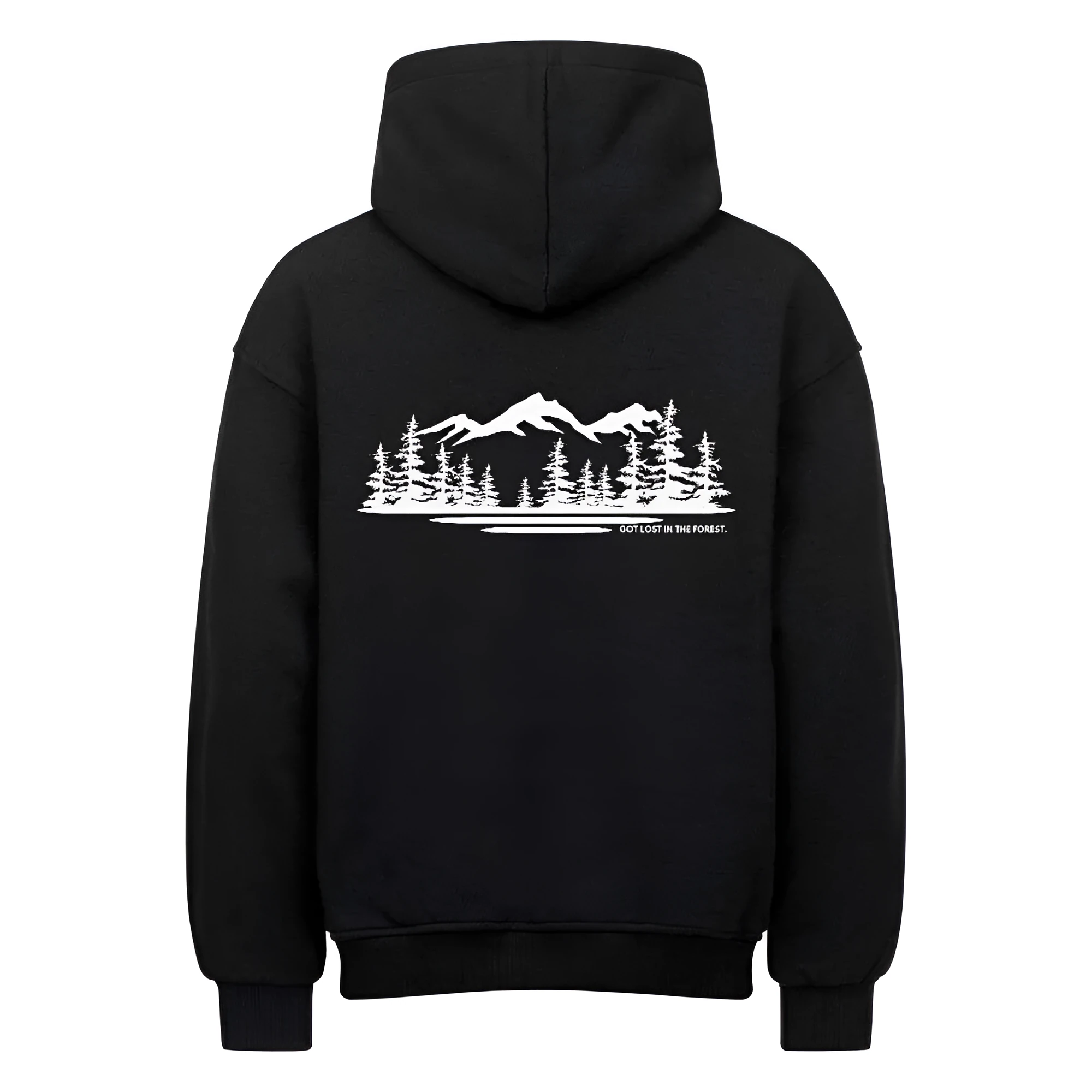 Black loose fit drop-shoulder pullover hoodie sweater with front pocket on plain background