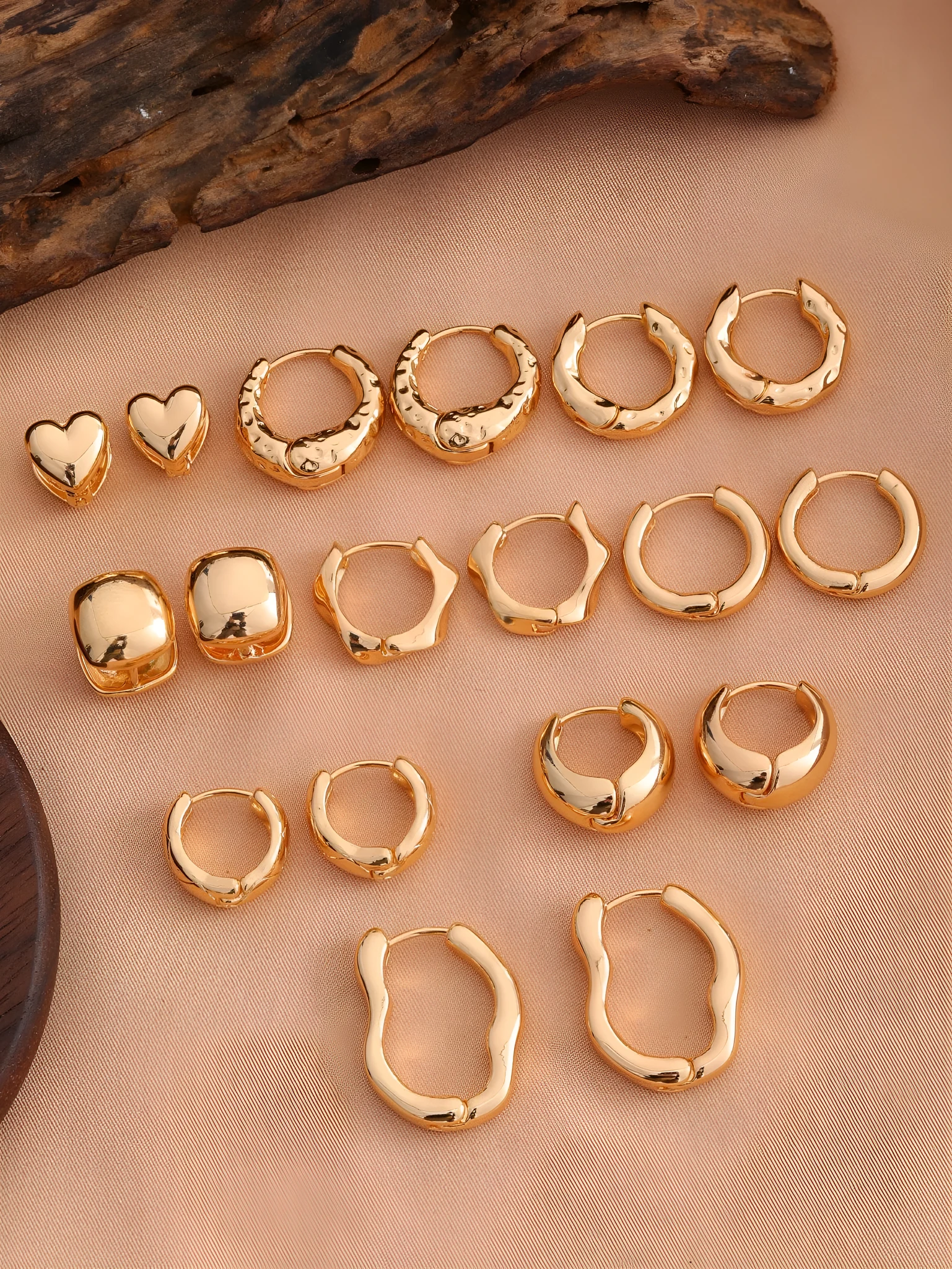 Smooth geometric hollow earrings set of 9 pairs for women in golden finish