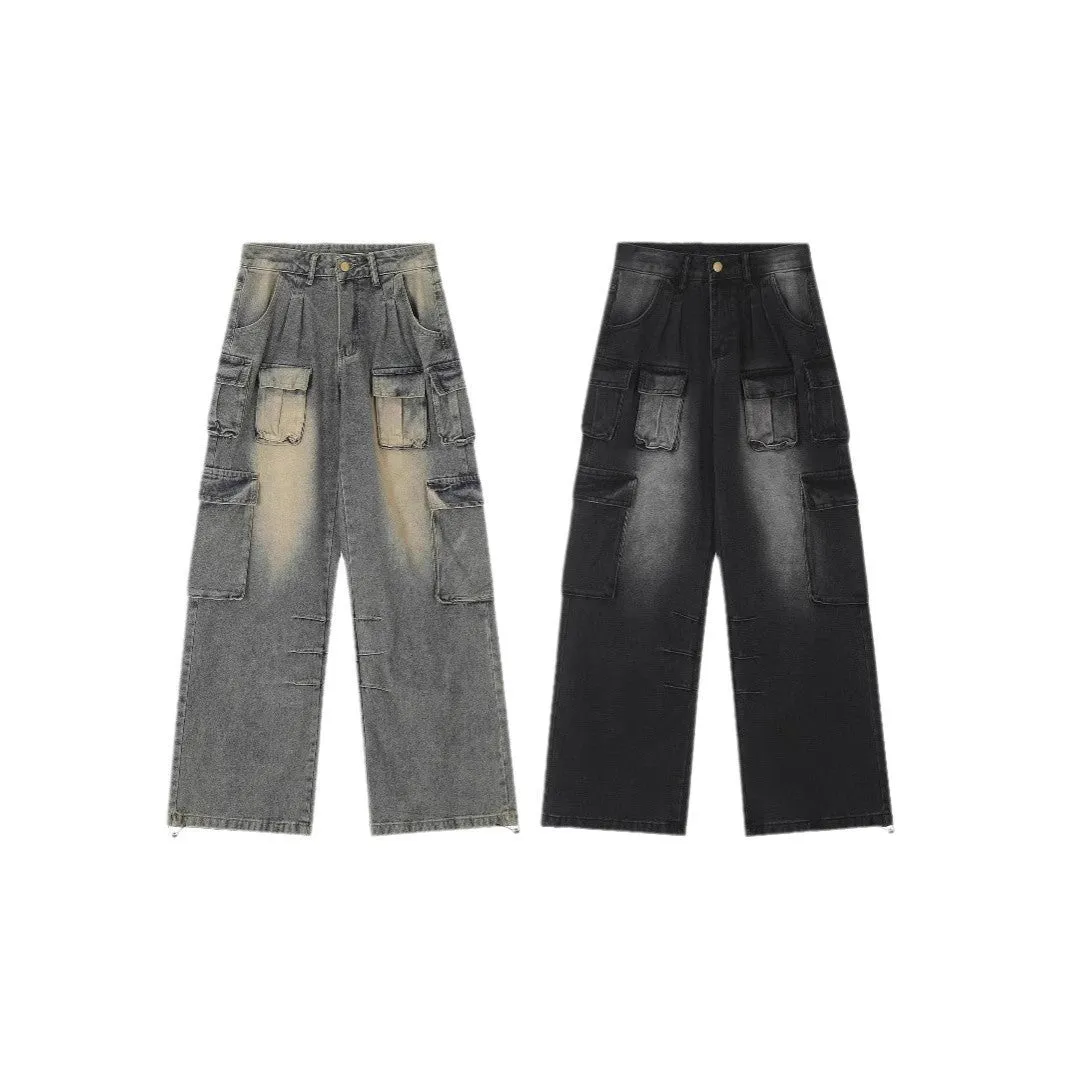 Man wearing loose light blue distressed jeans with multiple pockets, showcasing the straight-leg and utility style.
