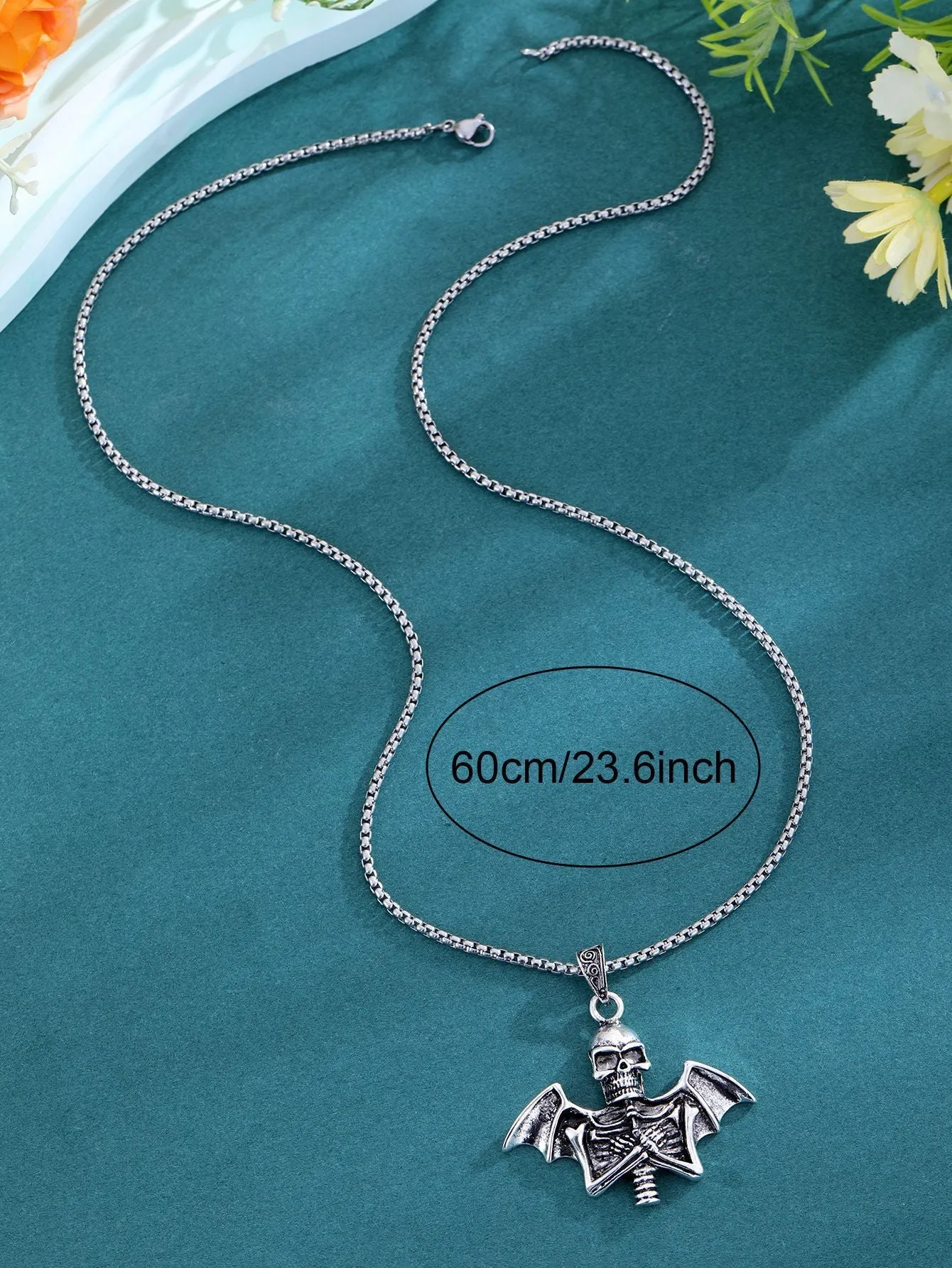 Angel skull retro punk men's collarbone chain necklace with silver-tone metal pendant and adjustable chain