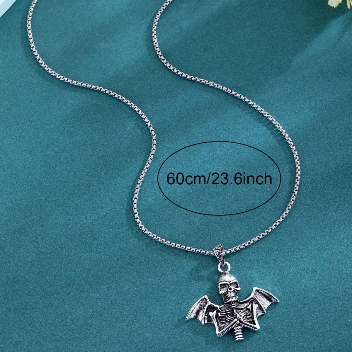 Angel skull retro punk men's collarbone chain necklace with silver-tone metal pendant and adjustable chain