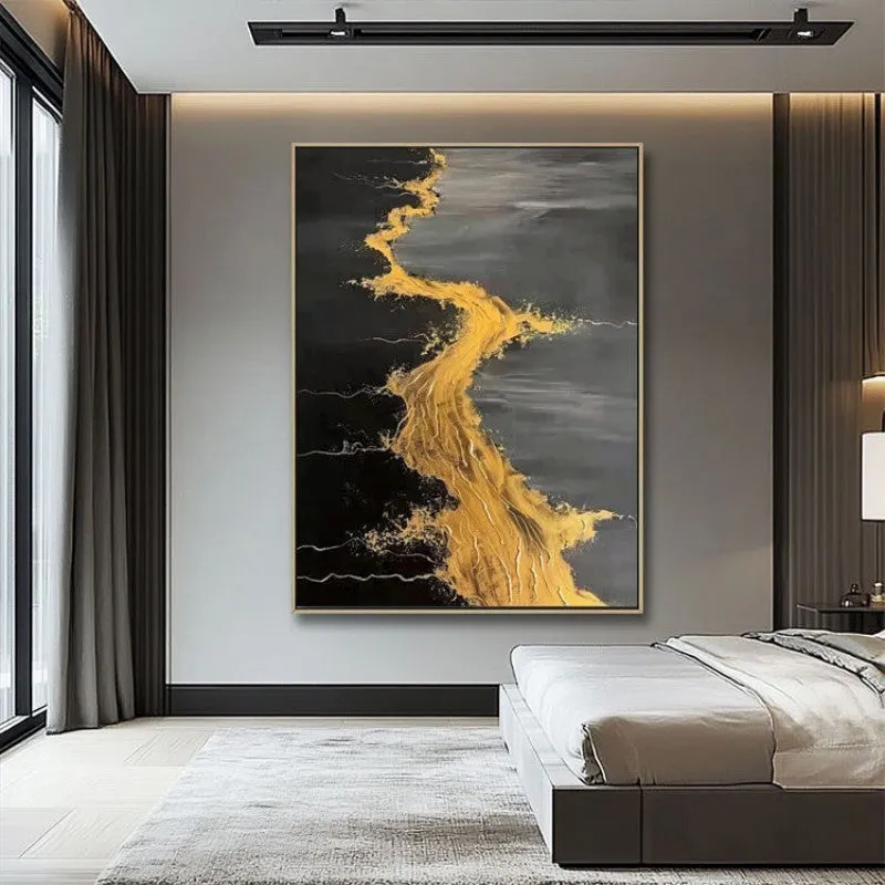 Handmade abstract golden beach and waves texture oil painting on canvas vertical wall art