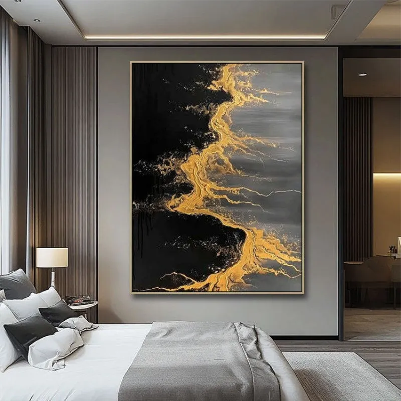 Handmade abstract golden beach and waves texture oil painting on canvas vertical wall art