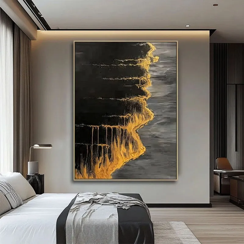Handmade abstract golden beach and waves texture oil painting on canvas vertical wall art