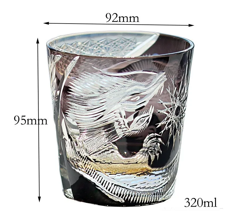 Japanese-style hand-carved crystal glass whiskey cup with wooden box in retro luxury design
