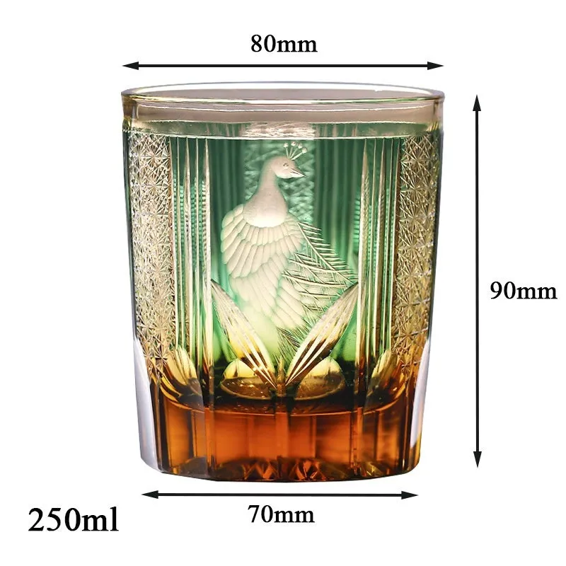 Japanese-style hand-carved crystal glass whiskey cup with wooden box in retro luxury design