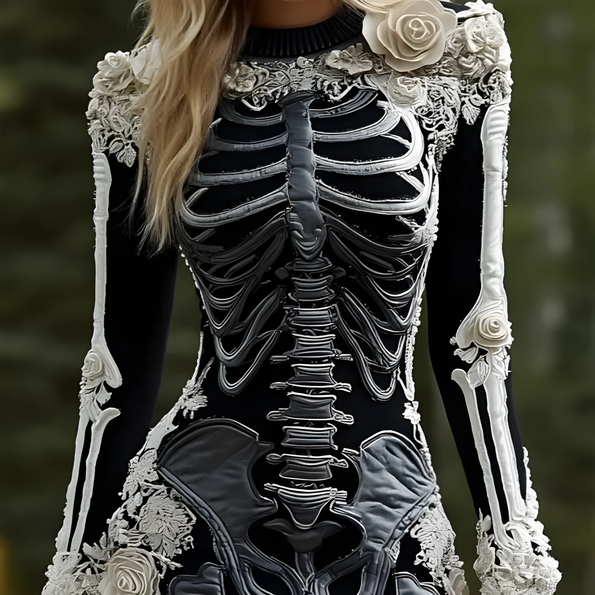 Women wearing a 3D printed Halloween long sleeve dress with v-neck and mid waist in black colour