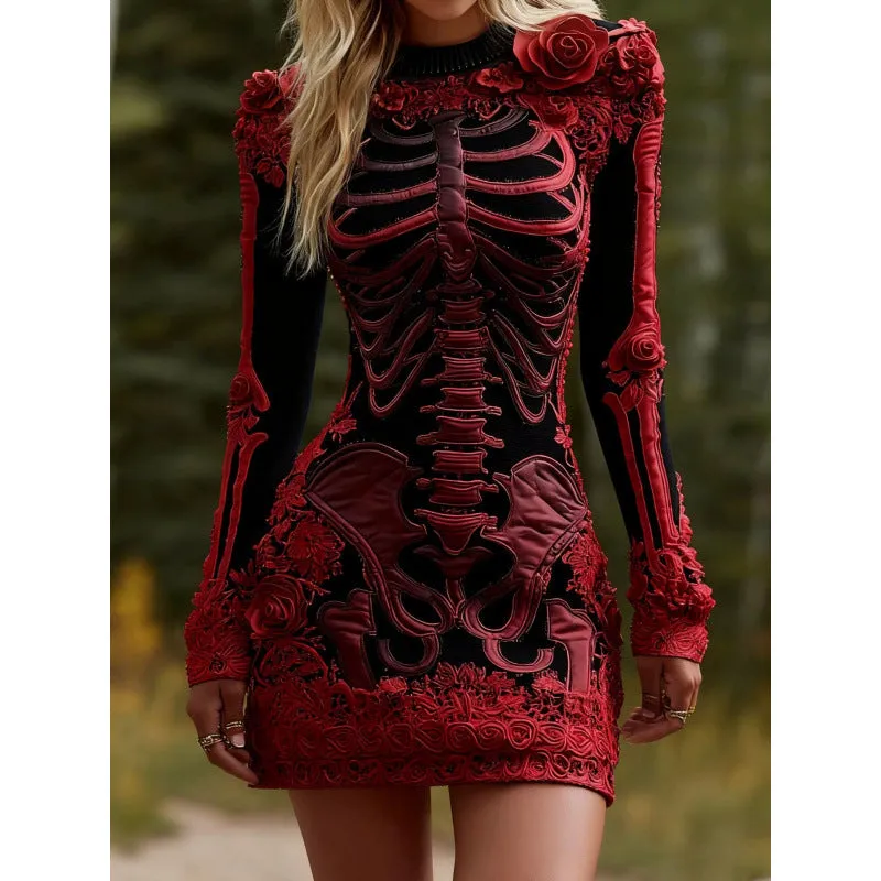 Women wearing a 3D printed Halloween long sleeve dress with v-neck and mid waist in black colour