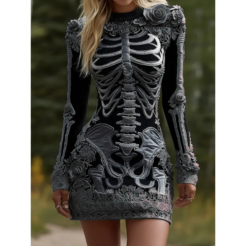 Women wearing a 3D printed Halloween long sleeve dress with v-neck and mid waist in black colour