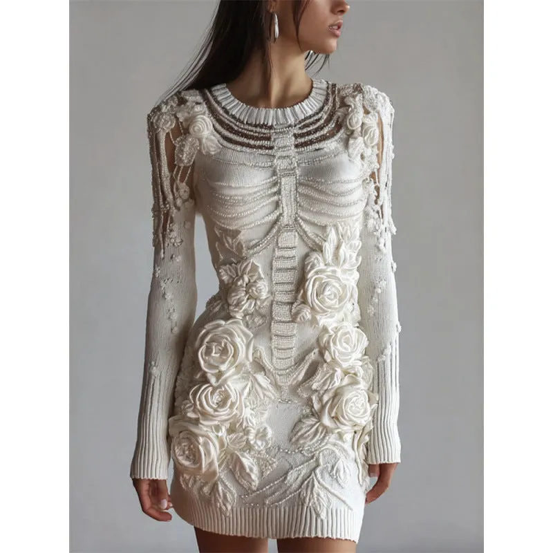Women wearing a 3D printed Halloween long sleeve dress with v-neck and mid waist in black colour