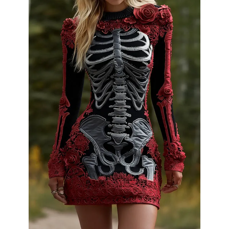 Women wearing a 3D printed Halloween long sleeve dress with v-neck and mid waist in black colour