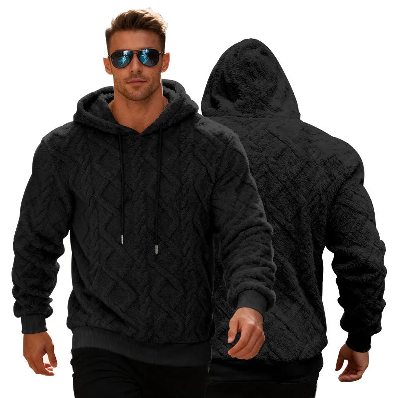 Casual heavy double-sided velvet loose pullover fleece lined sweatershirt in black, front view