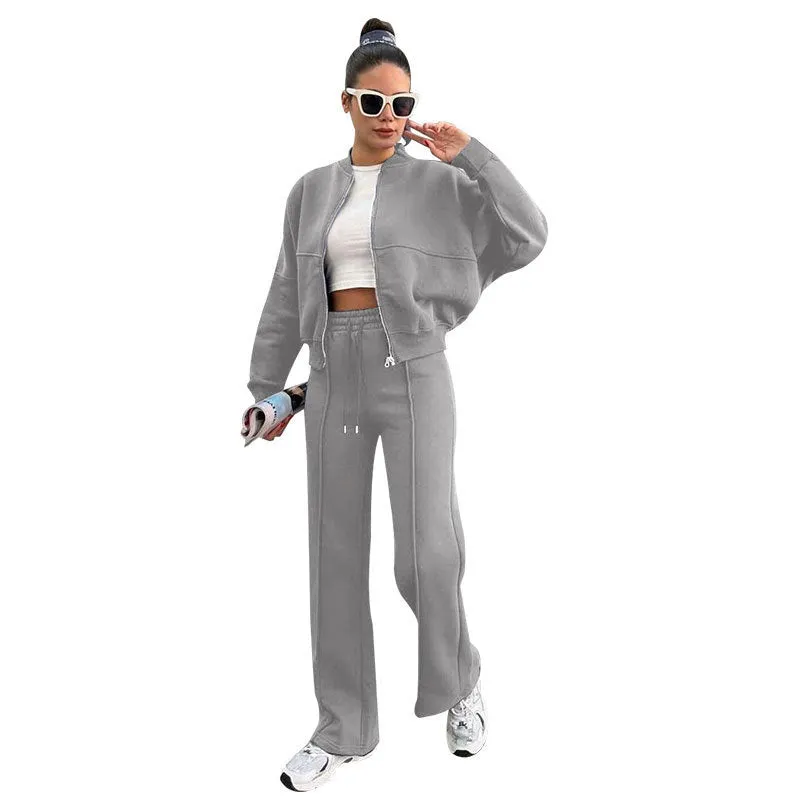 Women's fleece zipper cardigan and straight pants casual suit set in black, with front zipper and stitching details