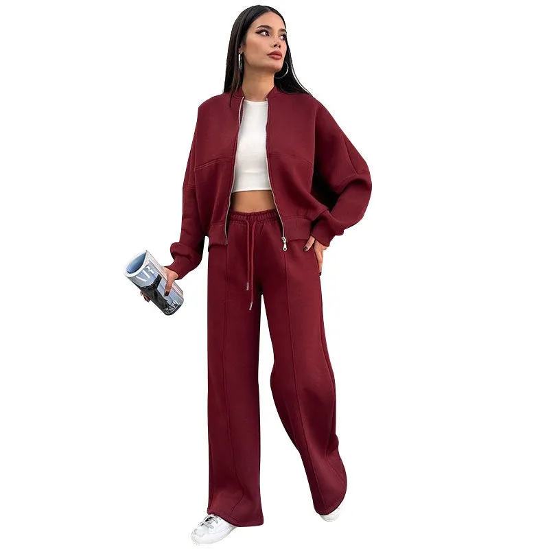 Women's fleece zipper cardigan and straight pants casual suit set in black, with front zipper and stitching details