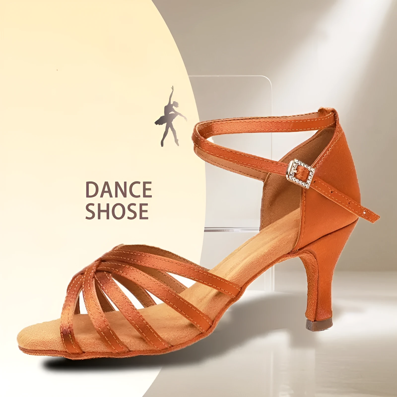 Women's Latin dance shoes with soft bottom, 5cm heel, and leather sole in beige colour