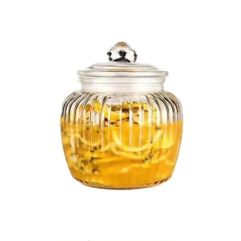 Large capacity thickened glass sealed can with lid, 1300ml vertical pattern, clear lead-free glass