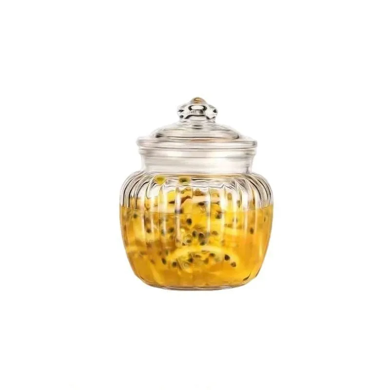 Large capacity thickened glass sealed can with lid, 1300ml vertical pattern, clear lead-free glass