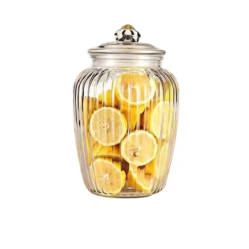 Large capacity thickened glass sealed can with lid, 1300ml vertical pattern, clear lead-free glass