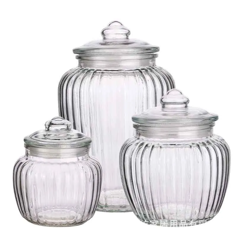 Large capacity thickened glass sealed can with lid, 1300ml vertical pattern, clear lead-free glass
