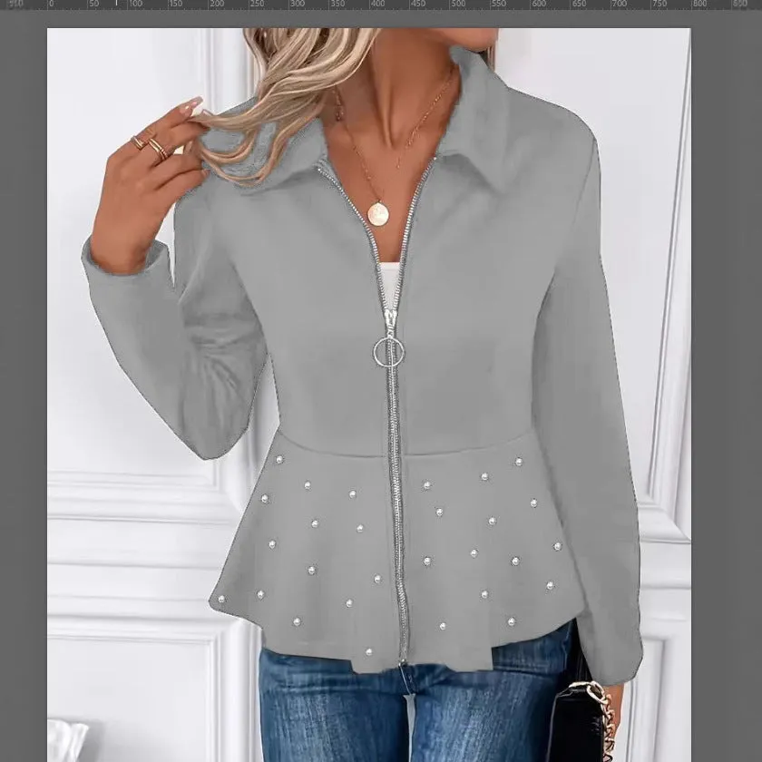 Women's black loose fit coat with beaded front zipper and ruffle hem detail, long sleeves