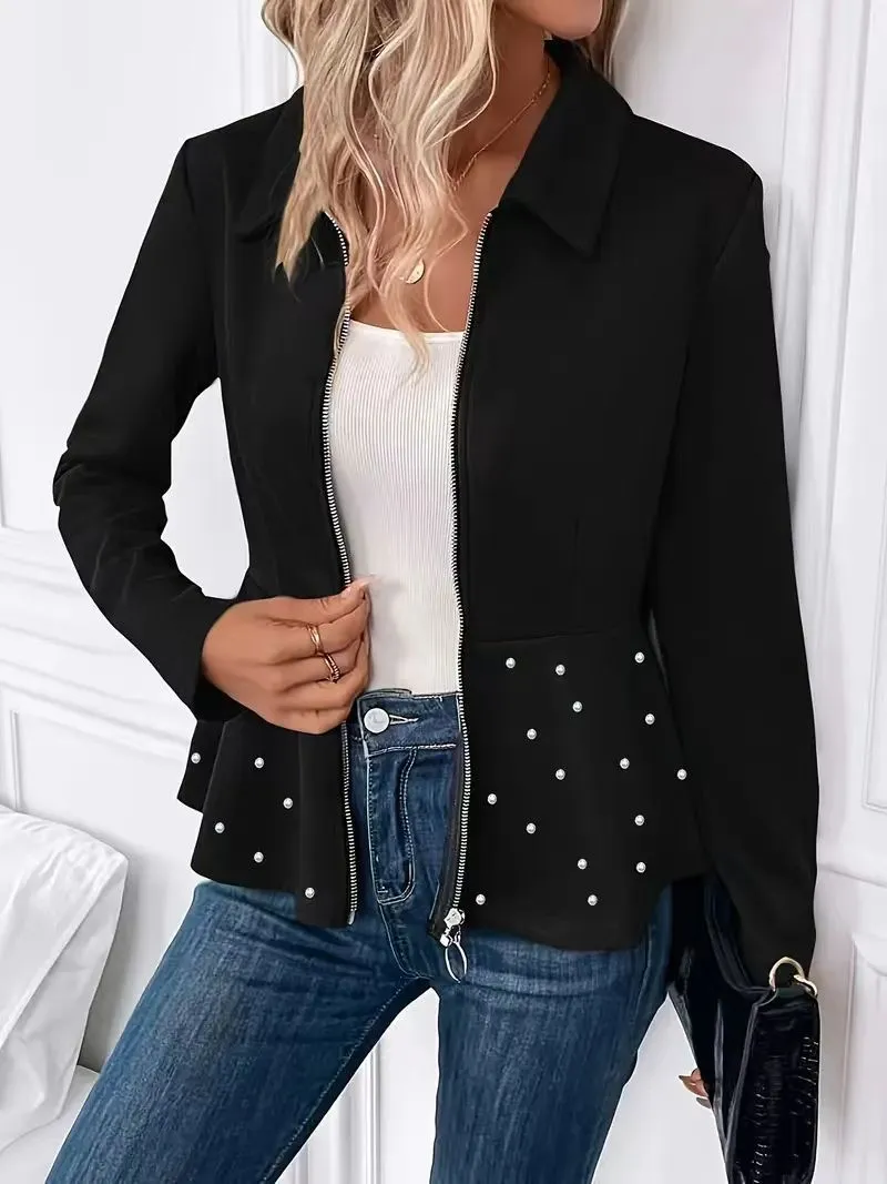 Women's black loose fit coat with beaded front zipper and ruffle hem detail, long sleeves