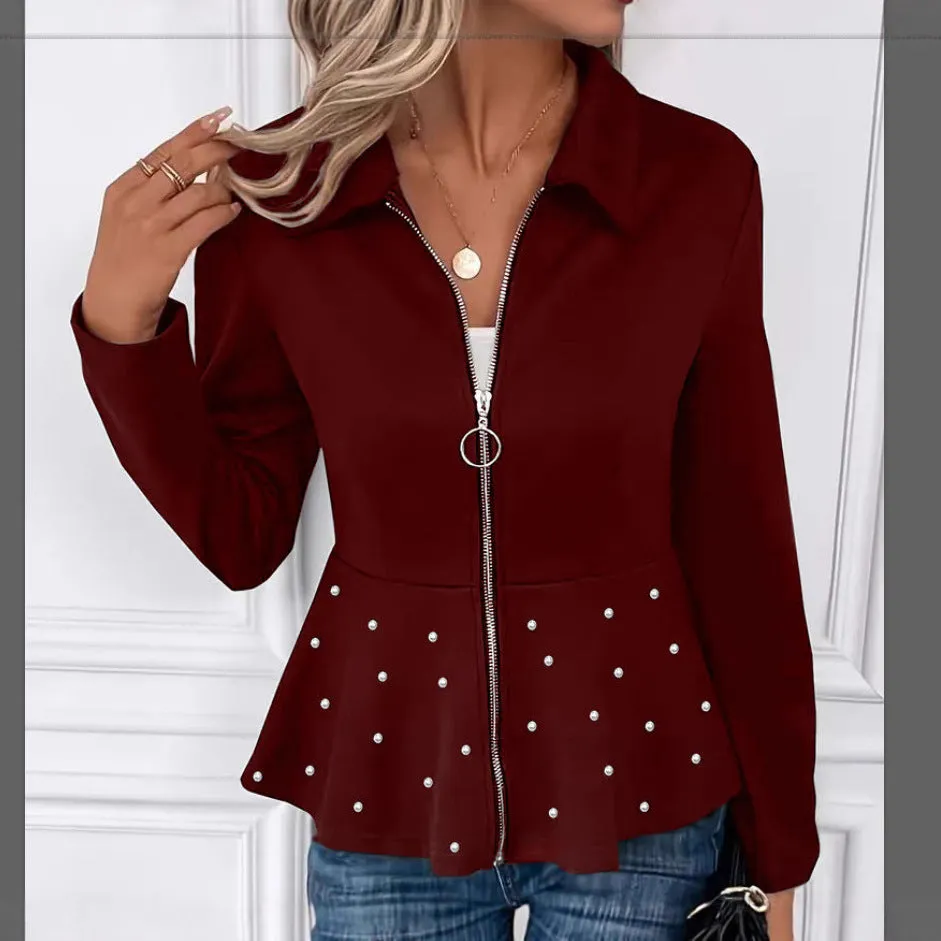 Women's black loose fit coat with beaded front zipper and ruffle hem detail, long sleeves