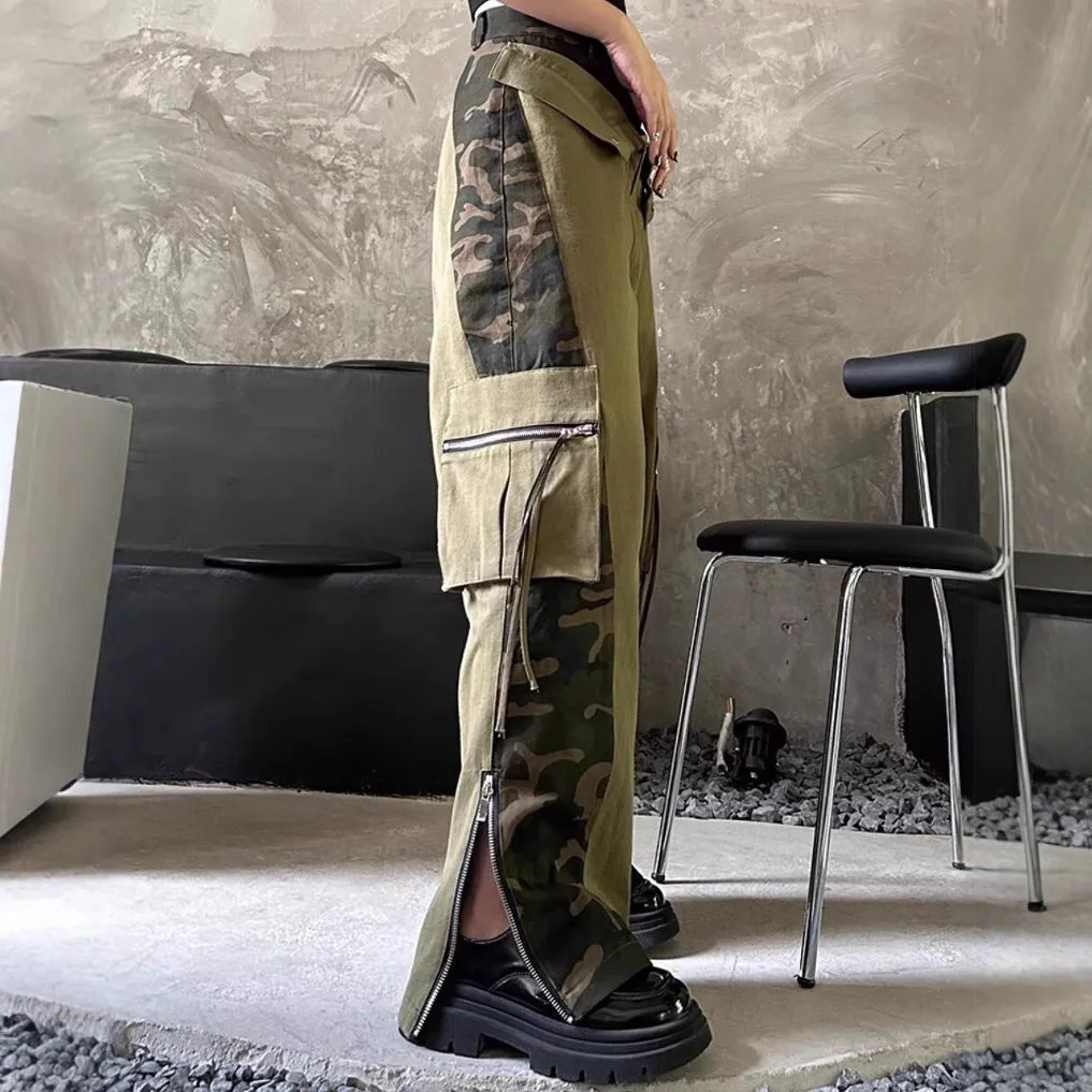 Dark khaki leopard print high waist straight leg jeans with contrast colour stitching on a mannequin.