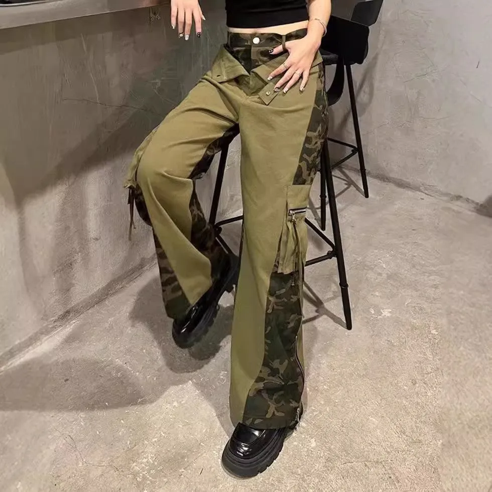 Dark khaki leopard print high waist straight leg jeans with contrast colour stitching on a mannequin.