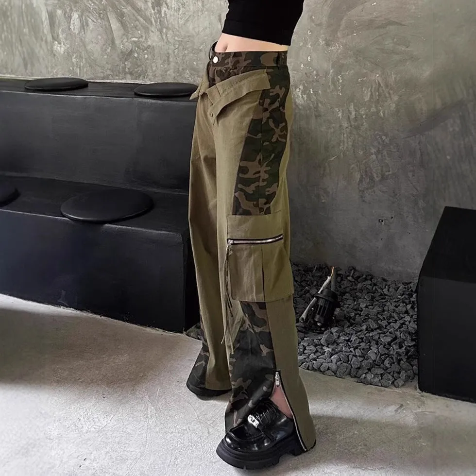 Dark khaki leopard print high waist straight leg jeans with contrast colour stitching on a mannequin.