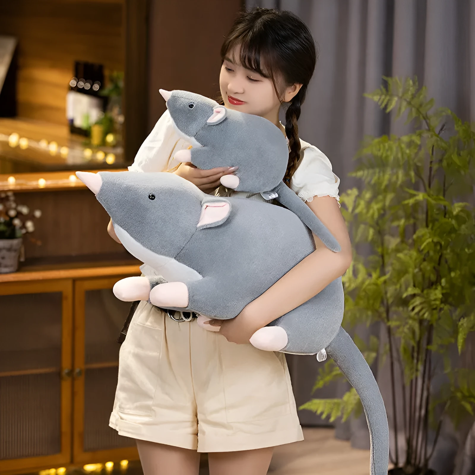 Cartoon-style grey mouse plush doll stuffed toy sitting upright, available in 32cm, 50cm, and 100cm sizes.